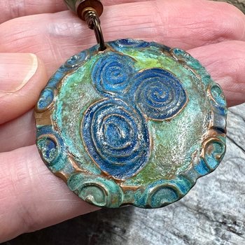 Newgrange Spirals, Copper Pendant, Connemara Marble, Triple Spiral, Irish Celtic Jewelry, Verdigris Patina, Blue Green Copper, Pagan Witch