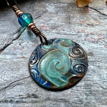 Celtic Spirals Pendant, Copper Patina, Irish Celtic, Pagan Wicca, Czech Glass, Witchy Earthy, Hand Carved, One of a Kind Art Jewelry
