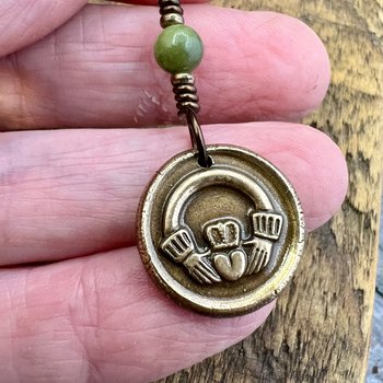 Bronze Claddagh Charm, Wax Seal Charm, Connemara Marble, Irish Celtic Jewelry, Pagan, 8th Anniversary, Love, Friendship, Loyalty, Handmade