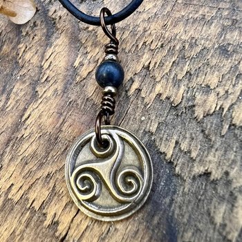 Triskele Charm, Bronze Necklace, Wax Seal Charm, Kilkenny Black, Irish Celtic Pagan, 8th Anniversary, Celtic Witch, Triskelion Triple Spiral