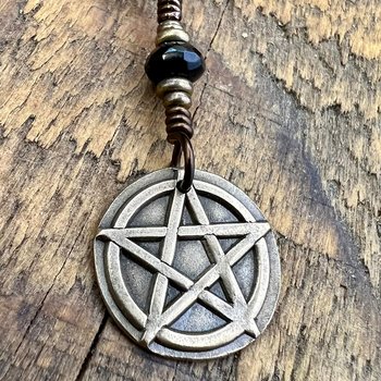 Pentagram Bronze Charm, Pentacle Pendant, Black Crystal Bead, Leather & Vegan Cords, Pagan Wicca, 5 Elements Star, Handmade, Witchy Things