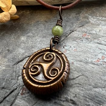 Triskele Charm, Copper Necklace, Wax Seal Charm, Connemara Marble, Irish Celtic Pagan, 7 Anniversary, Celtic Witch, Triskelion Triple Spiral