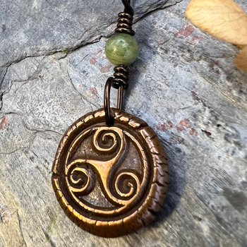 Triskele Charm, Copper Necklace, Wax Seal Charm, Connemara Marble, Irish Celtic Pagan, 7 Anniversary, Celtic Witch, Triskelion Triple Spiral