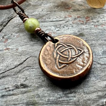 Copper Trinity Knot, Triquetra, Wax Seal Charm, Connemara Marble, Irish Celtic Jewelry, Pagan, 7th Anniversary, Triple Goddess, Celtic Witch