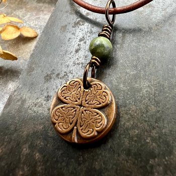 Four Leaf Heart Clover, Copper Wax Seal Charm, Connemara Marble, Irish Celtic Jewelry, 4 Leaf Clover, Lucky Charm, Leather & Vegan Cords