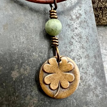 Four Leaf Heart Clover, Copper Wax Seal Charm, Connemara Marble, Irish Celtic Jewelry, 4 Leaf Clover, Lucky Charm, Leather & Vegan Cords