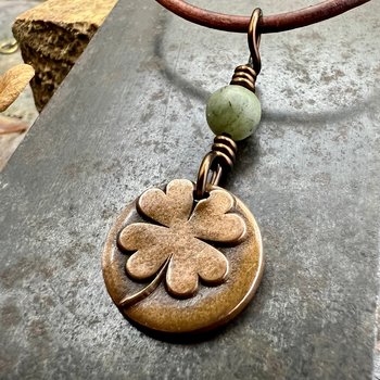 Four Leaf Heart Clover, Copper Wax Seal Charm, Connemara Marble, Irish Celtic Jewelry, 4 Leaf Clover, Lucky Charm, Leather & Vegan Cords