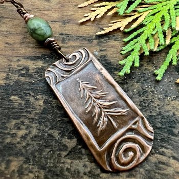 Pine Tree, Copper Pendant, Celtic Spirals, Connemara Marble, Evergreen Trees, Earthy Rustic Art Jewelry, Hand Carved, Tree of Life, Pagan