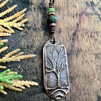 Copper Tree Pendant, Irish Celtic Spirals, One Tree, Czech Glass Beads, Leather & Vegan Cords, Earthy Rustic Jewelry, Tree Branches Roots