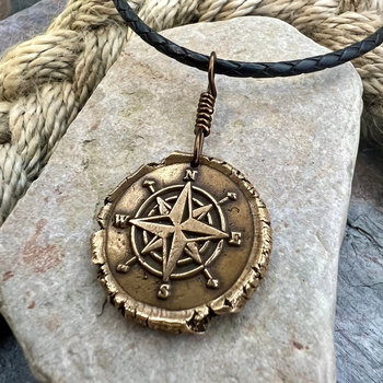 Compass Rose Charm, Bronze Compass Necklace, Nautical, Boats Sailing Sea, Protection Guidance Talisman, Men's Unisex Jewelry, Rustic Seaworn