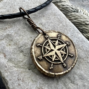 Compass Rose Charm, Bronze Compass Necklace, Nautical, Boats Sailing Sea, Protection Guidance Talisman, Men's Unisex Jewelry, Rustic Seaworn