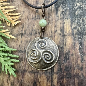 Triskele Bronze Charm, Triskelion Triple Spirals, Connemara Marble, Irish Celtic, Newgrange Spirals, Celtic Witch Goddess, Hand Carved Art