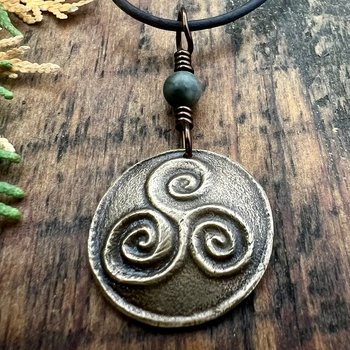 Triskele Bronze Charm, Triskelion Triple Spirals, Connemara Marble, Irish Celtic, Newgrange Spirals, Celtic Witch Goddess, Hand Carved Art