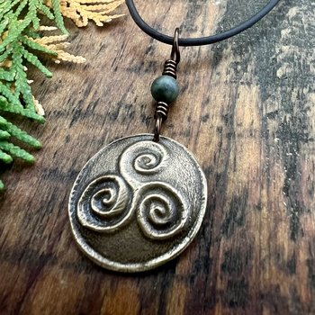 Triskele Bronze Charm, Triskelion Triple Spirals, Connemara Marble, Irish Celtic, Newgrange Spirals, Celtic Witch Goddess, Hand Carved Art