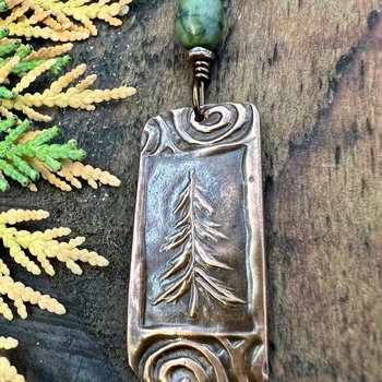 Pine Tree, Copper Pendant, Celtic Spirals, Connemara Marble, Evergreen Trees, Earthy Rustic Art Jewelry, Hand Carved, Tree of Life, Pagan