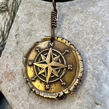 Compass Rose Charm, Bronze Compass Necklace, Nautical, Boats Sailing Sea, Protection Guidance Talisman, Men's Unisex Jewelry, Rustic Seaworn