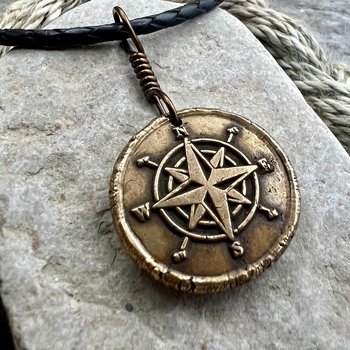 Compass Rose Charm, Bronze Compass Necklace, Nautical, Boats Sailing Sea, Protection Guidance Talisman, Men's Unisex Jewelry, Rustic Seaworn