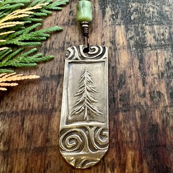 Pine Tree, Bronze Pendant, Celtic Spirals, Connemara Marble, Evergreen Trees, Earthy Rustic Art Jewelry, Hand Carved, Tree of Life, Pagan