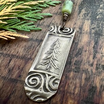 Pine Tree, Bronze Pendant, Celtic Spirals, Connemara Marble, Evergreen Trees, Earthy Rustic Art Jewelry, Hand Carved, Tree of Life, Pagan