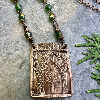 Into The Woods, Copper Tree Necklace, Green Crystal Beads, Rosary Style Beads, Celtic Green Witch, Forest Woodland Jewelry, Pagan Druid Gift