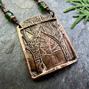 Into The Woods, Copper Tree Necklace, Green Crystal Beads, Rosary Style Beads, Celtic Green Witch, Forest Woodland Jewelry, Pagan Druid Gift
