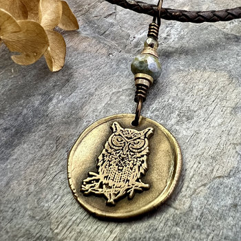 Owl Bronze Pendant, Wax Seal Charm, Czech Glass Bead, Magical Wise, Tree Branches, Pagan Samhain, Celtic Witch Jewelry, Earthy Rustic