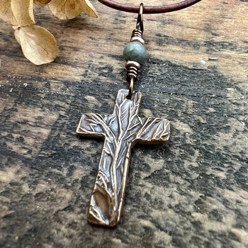 Tree Cross Charm, Copper Pendant, Tree Branches, Connemara Marble, Irish Celtic, Leather & Vegan Cords, Handmade Art Jewelry, Tree of Life