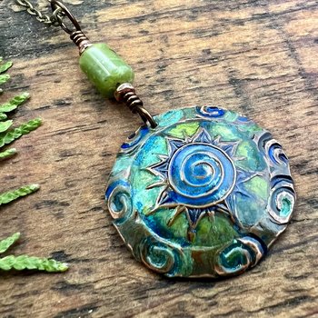 Celtic Sun Spiral Necklace, Copper Patina Pendant, Connemara Marble, Irish Celtic Spirals, Colorful Sun, Blue Green, Pagan Celtic Witch Gift