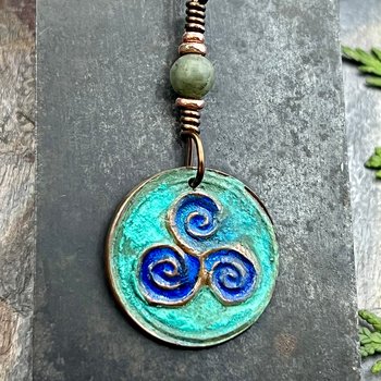 Triskele Copper Pendant, Verdigris Patina, Hand Carved, Connemara Marble, Triskelion Triple Spiral, Irish Celtic Pagan, Newgrange Ireland