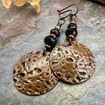 Copper Disc Earrings, Czech Glass Beads, Hypoallergenic Ear Wires, Earthy Tribal, Boho Chic Style, Large Dangle Discs, Handmade Metal Art