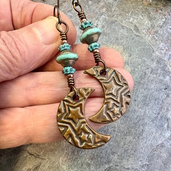 Crescent Moon Earrings, Copper Moon, Celestial Jewelry, Celtic Spirals, Witch Earrings, Pagan Spiritual, Crystal Beads, Moon Goddess