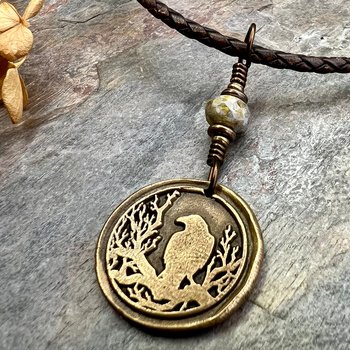 Raven Bronze Pendant, Wax Seal Charm, Czech Glass Bead, Crow Corvid, Tree Branches, Pagan Samhain, Celtic Witch Jewelry, Earthy Rustic
