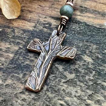Tree Cross Charm, Copper Pendant, Tree Branches, Connemara Marble, Irish Celtic, Leather & Vegan Cords, Handmade Art Jewelry, Tree of Life