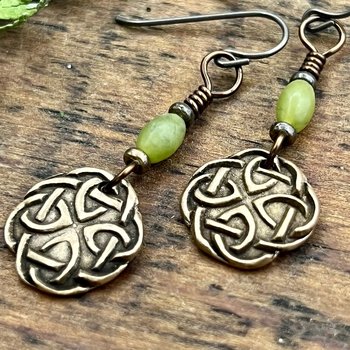 Celtic Knotwork, Bronze Earrings, Irish Celtic Jewelry, Connemara Marble, Hypoallergenic, Niobium Ear Wires, St Patrick's Day, Eternity, Triple Goddess