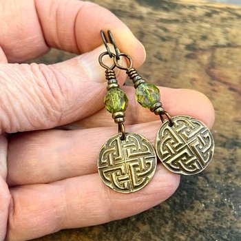 Celtic Knot, Bronze Earrings, Irish Celtic Jewelry, Green Czech Glass, Celtic Knots, St Patrick's Day, Eternity, Triple Goddess