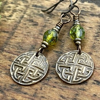 Celtic Knot, Bronze Earrings, Irish Celtic Jewelry, Green Czech Glass, Celtic Knots, St Patrick's Day, Eternity, Triple Goddess