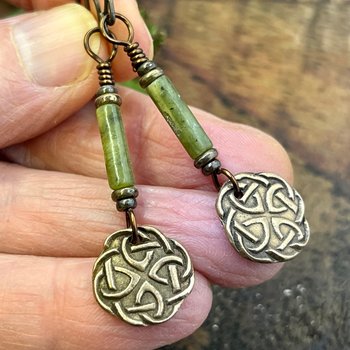 Celtic Knot, Bronze Earrings, Irish Celtic Jewelry, Connemara Marble, Hypoallergenic, Niobium Ear Wires, St Patrick's Day, Eternity, Triple Goddess