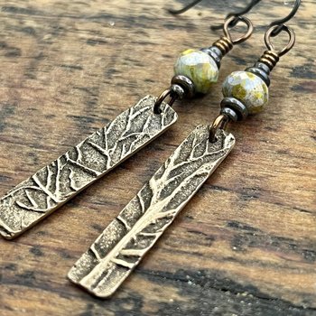 Tree Branch Earrings, Long Bronze Earrings, Czech Glass Beads, Green Witch, Pagan Celtic Druid, Earthy Organic, Handcrafted Art Jewelry