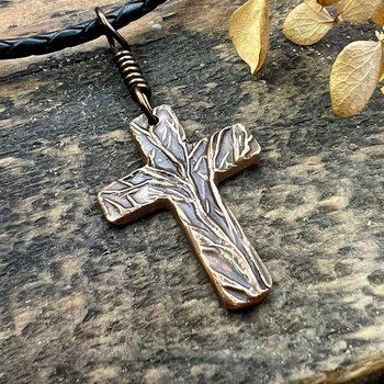 Tree Cross Charm, Copper Pendant, Tree Branches, Irish Celtic, Leather & Vegan Cords, Handmade Art Jewelry, Tree of Life, Men's Cross