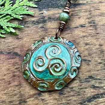 Triskele Copper Pendant, Verdigris Patina, Hand Carved, Connemara Marble, Triskelion Triple Spiral, Irish Celtic Pagan, Newgrange Ireland