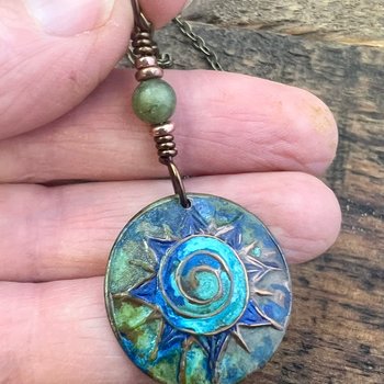 Celtic Sun Spiral Necklace, Copper Patina Pendant, Connemara Marble, Irish Celtic Spirals, Colorful Sun, Blue Green, Pagan Celtic Witch Gift