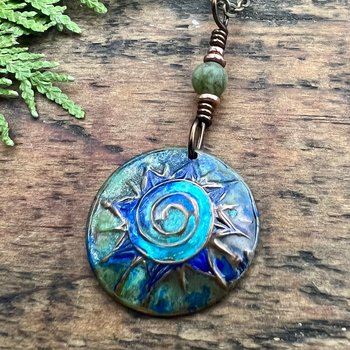 Celtic Sun Spiral Necklace, Copper Patina Pendant, Connemara Marble, Irish Celtic Spirals, Colorful Sun, Blue Green, Pagan Celtic Witch Gift