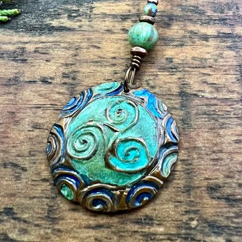 Triskele Copper Pendant, Verdigris Patina, Hand Carved, Connemara Marble, Triskelion Triple Spiral, Irish Celtic Pagan, Newgrange Ireland