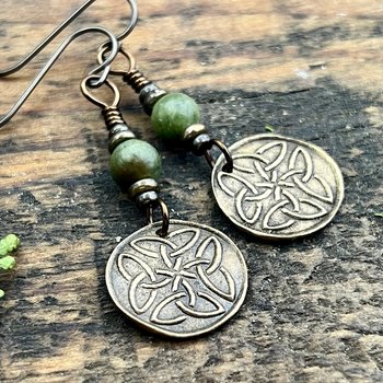 Trinity Knot Bronze Earrings, Triquetra, Irish Celtic Jewelry, Connemara Marble, Celtic Knots, St Patricks Day, Eternity, Triple Goddess