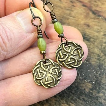 Celtic Knotwork, Bronze Earrings, Irish Celtic Jewelry, Connemara Marble, Hypoallergenic, Niobium Ear Wires, St Patrick's Day, Eternity, Triple Goddess