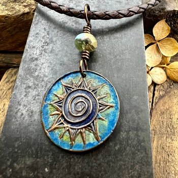 Celtic Sun Spiral Necklace, Copper Patina Pendant, Czech Glass Bead, Irish Celtic Spirals, Colorful Sun, Blue Green, Pagan Celtic Witch Gift