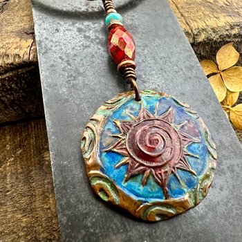 Celtic Sun Spiral Necklace, Copper Patina Pendant, Czech Glass Beads, Irish Celtic Spirals, Colorful Sun, Blue Red, Pagan Celtic Witch Gift