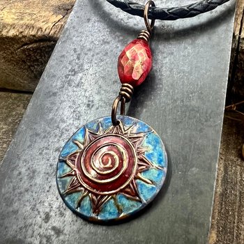 Celtic Sun Spiral Necklace, Copper Patina Pendant, Czech Glass Beads, Irish Celtic Spirals, Colorful Sun, Summer Jewelry, Pagan Celtic Witch