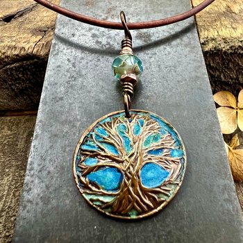 Tree of Life Pendant, Copper Colorful Patina, Connemara Marble, Hand Carved, Irish Celtic Spirals, Celtic Witch Goddess, Ancient Earthy Art