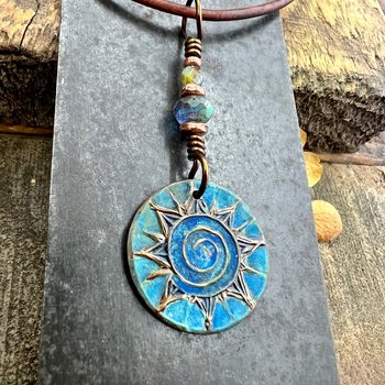 Celtic Sun Spiral Necklace, Copper Patina Pendant, Czech Glass Beads, Irish Celtic Spirals, Colorful Sun, Summer Jewelry, Pagan Celtic Witch
